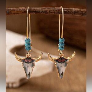Bohemian Western  Bull Skull Earrings with Turquoise Beads